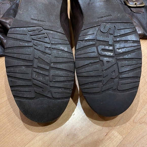 Stuart Weitzman brown leather/textured leather satin lined interior buckle boots - Picture 6 of 16